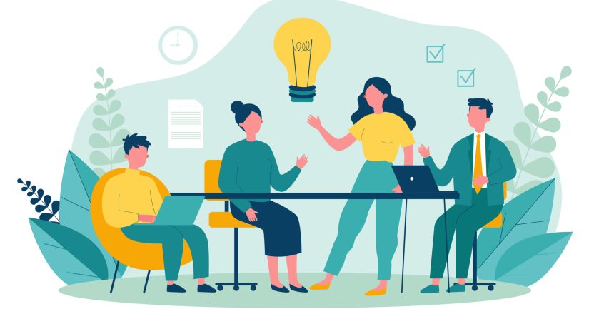 Business team working together, brainstorming, discussing ideas for project. People meeting at desk in office. Vector illustration for co-working, teamwork, workspace concept